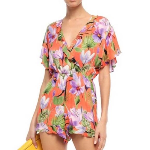 NWT Alice + Olivia Sachi Floral Palm Coral Romper Size 0 - Picture 14 of 14